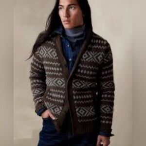 Banana Republic Wool blend shawl collar Fair Isle cardigan sweater brown blue L